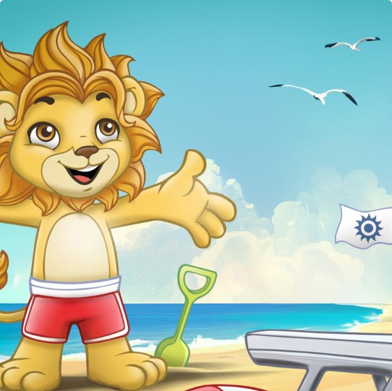 Leone felice in costume sulla spiaggia, sole e mare sereno.